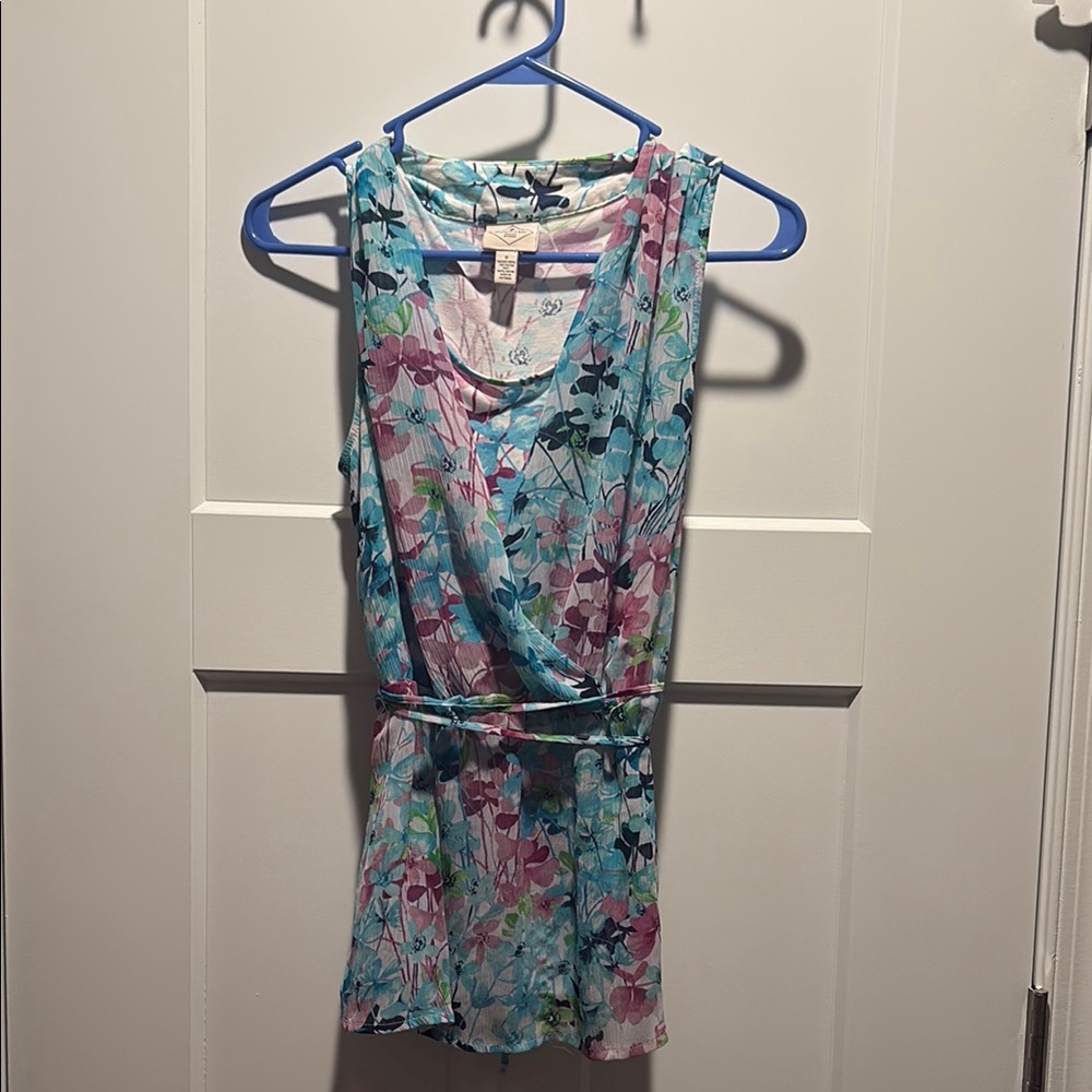 Floral Sleeveless Wrap-Front Tank Top - Light Blue/Pink